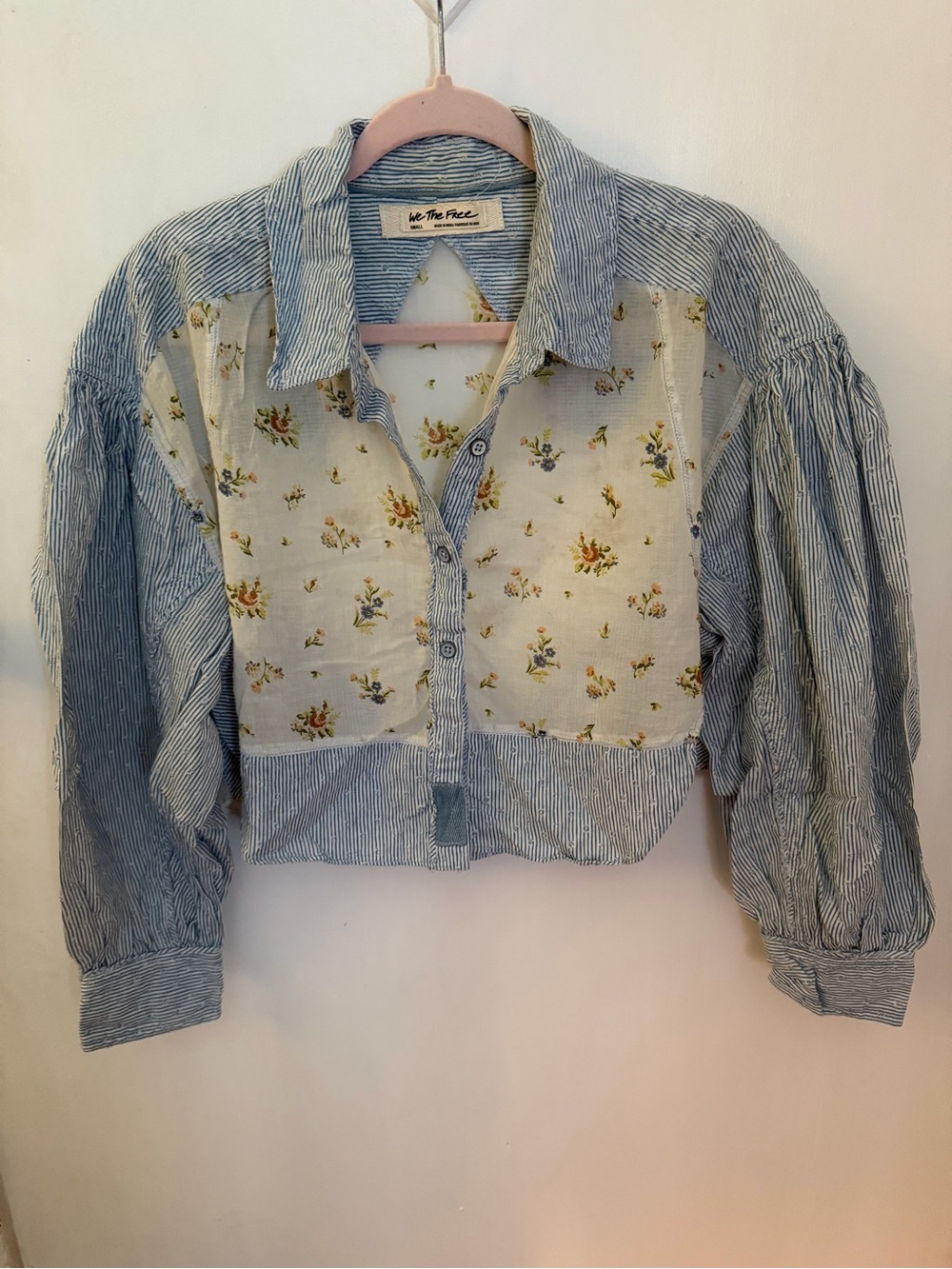 We The Free Light Blue Striped & Cream Floral Cropped Button-Down